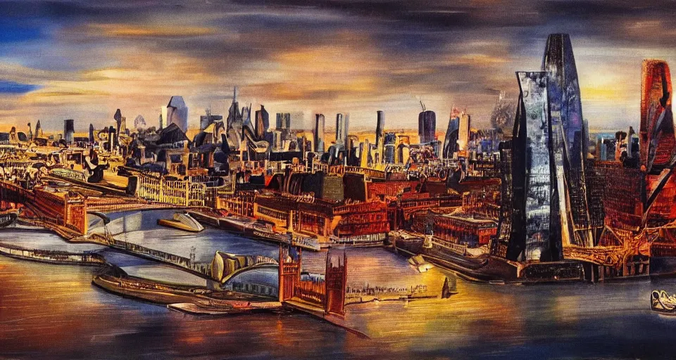 Image similar to color sketch of the london skyline, highly detailed, dramatic lighting, intense shadows, rich deep colours, by salvador dali