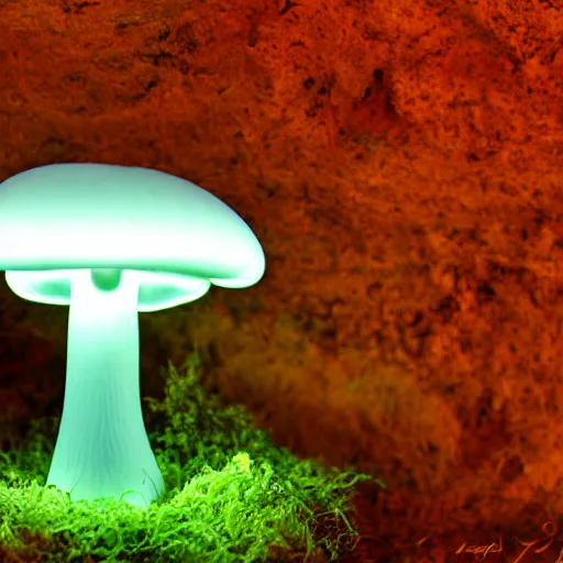 Image similar to glowing mushroom on an alter in canyon, red cliffs, at night