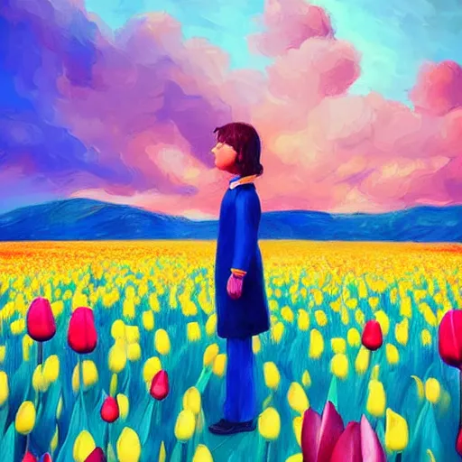 Image similar to girl with singular giant tulip as a head, surreal photography, flower field, sunset dramatic light, impressionist painting, colorful clouds, blue sky, digital painting, artstation, simon stalenhag