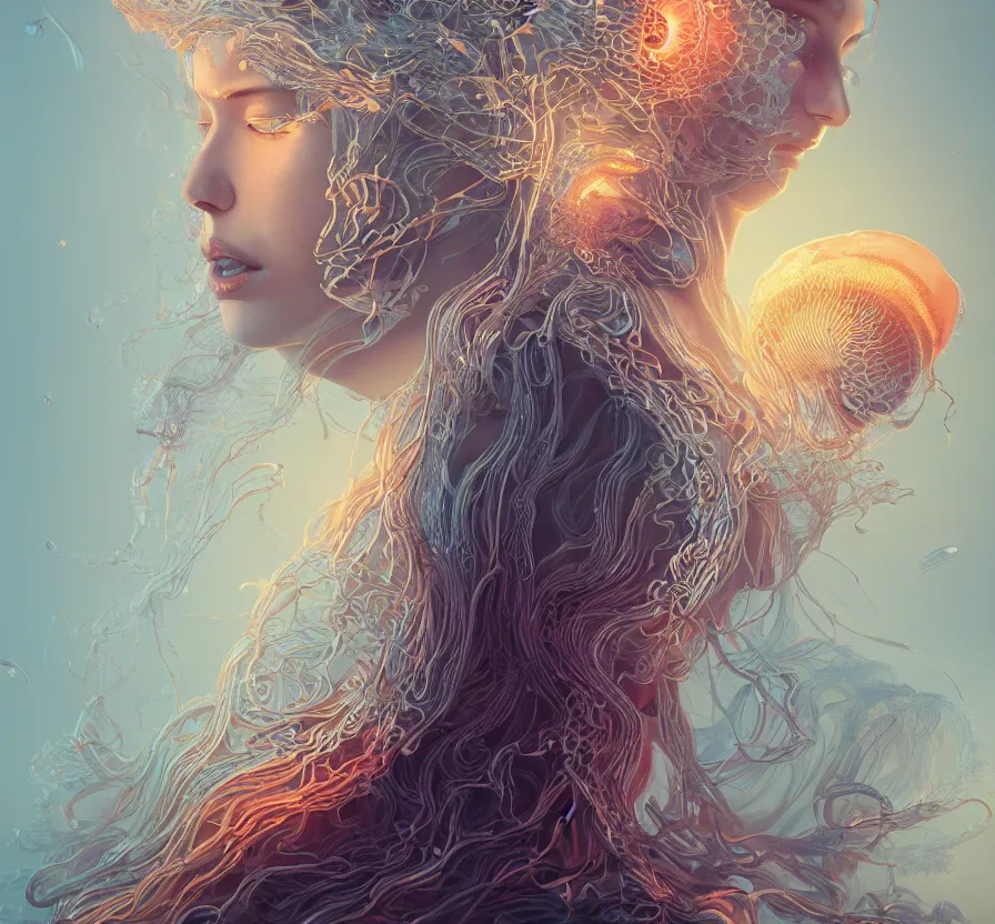 Image similar to goddess portrait. jellyfish phoenix head. intricate artwork by Tooth Wu and wlop and beeple. octane render, trending on artstation, greg rutkowski very coherent symmetrical artwork. cinematic, hyper realism, high detail, octane render, 8k