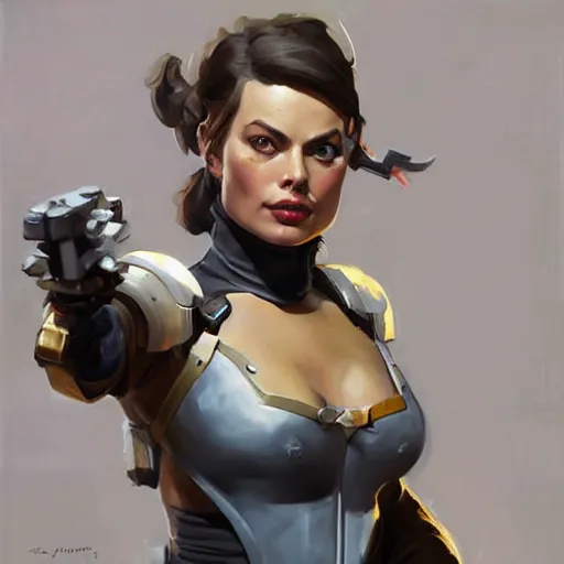 Image similar to greg manchess portrait painting of fully armored and armed margot robbie as overwatch character, close - up shot, asymmetrical, profile picture, organic painting, sunny day, matte painting, bold shapes, hard edges, street art, trending on artstation, by huang guangjian and gil elvgren and sachin teng