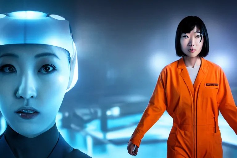 Image similar to an 8 k photograph depicting haruka abe wearing an orange prison jumpsuit. behind her a blue holographic face hangs in the air, dominating the background scene. futuristic medical equipment surrounds haruka abe. cinematic lighting, soft focus, panavision camera, sci fi, futuristic,