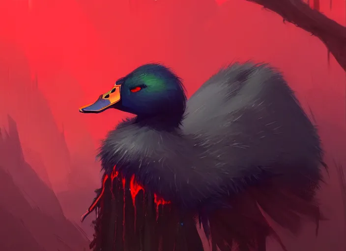 Prompt: cute fluffy mallard duck with vampire fangs wearing red cultist robe, details, cyberpunk, epic, sacrificial altar, landscape illustration concept art anime key visual trending pixiv fanbox by wlop and greg rutkowski and makoto shinkai and studio ghibli and kyoto animation symmetrical facial features