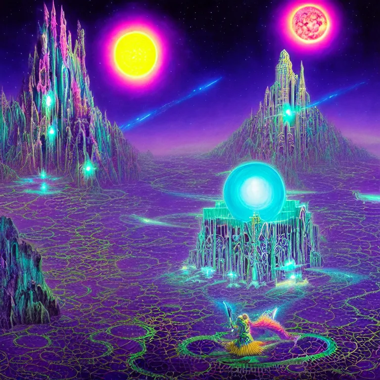 Prompt: mysterious satellites over epic mystical crystal temple, infinite fractal tesseract, quantum waves, synthwave, bright neon colors, highly detailed, cinematic, tim white, vladimir kush, jim burns, bob eggleton, philippe druillet, kubrick, aubrey beardsley, michael whelan, alfred kelsner, boris vallejo