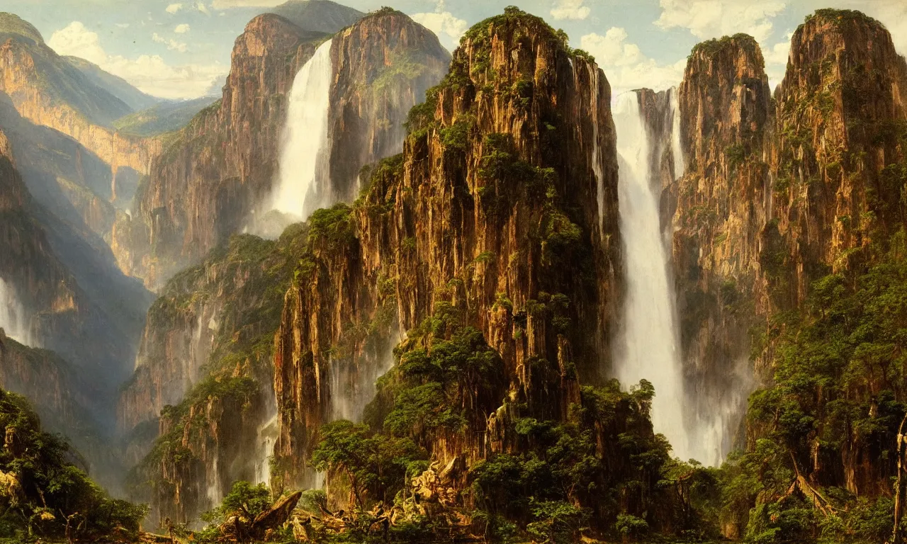 Image similar to a spectacular view of angel falls in venezuela. art frederic edwin church, hyperrealism