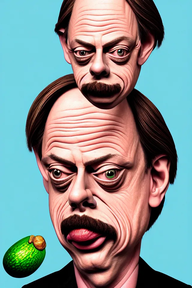 Prompt: caricature renaissance portrait of steve buscemi as a highly detailed respected dragonskinned avocado, fake mustache, dramatic cinematic lighting, 8 k, beautiful intricate painting