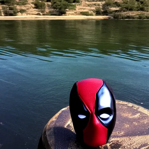 Image similar to deadpool sticking his head out of lake meed