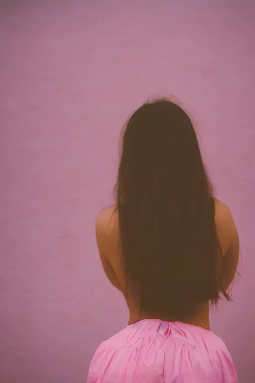 Image similar to photography, close-up of woman from behind looking at weird pink house, daylight, 35mm