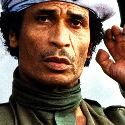Prompt: A still of Muammar Gaddafi as Rambo in Rambo First Blood (1982)