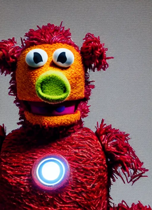 Image similar to studio portrait still of muppet!!!!! ironman from avengers infinity war!!!!!! from avengers infinity war as a muppet muppet as a muppet, 8 k, studio lighting, key light,