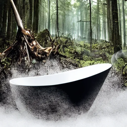 Image similar to pristine porcelain bath filled with bubbles in a clearcut rainforest, slash and burn, cleared forest, deforestation, bubble bath, tree stumps, smouldering charred timber