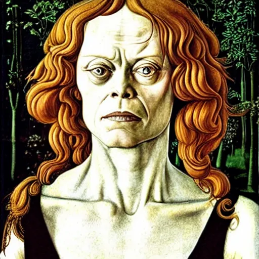 Image similar to sigourney weaver as gollum, elegant portrait by sandro botticelli, detailed, symmetrical, intricate