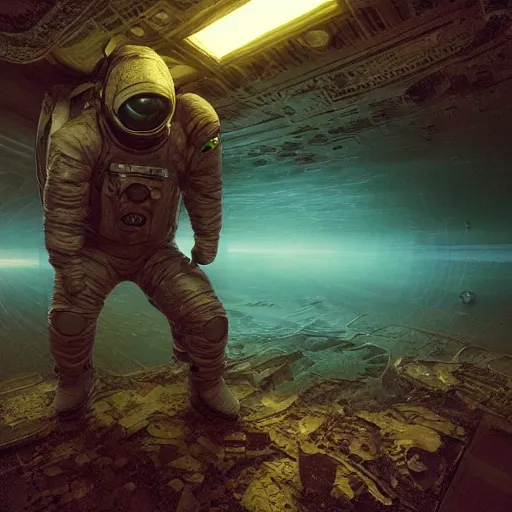 Image similar to concept art by craig mullins astronaut in futuristic dark and empty spaceship underwater. infrared complex and hyperdetailed technical suit. mandelbulb fractal. reflection and dispersion materials. rays and dispersion of light. volumetric light. 5 0 mm, f / 3 2. noise film photo. flash photography. unreal engine 4, octane render. interstellar movie art