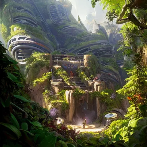 Image similar to worm's eye view of overwatch headquarters carved inside a mountain above a lush garden, neatly trimmed vegetation, magical, natural light, fantasy, sharp focus, concept art, by greg rutkowski and craig mullins, cozy atmospheric