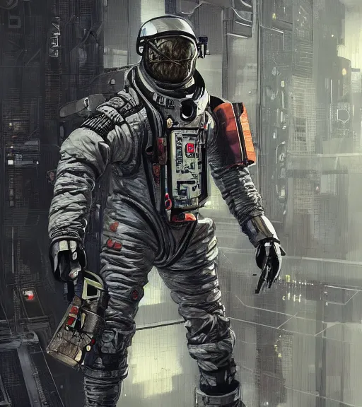 Image similar to realistic cyberpunk engineer with long limbs and a black spacesuit on a spacewalk, techwear, dead space, visible face, Industrial Scifi, detailed illustration, character portrait, by Ashley Wood and Moebius