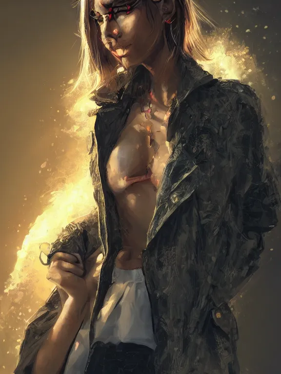 Image similar to digital illustration of a girl with eyes that burn like cigarettes wearing a short skirt and a long jacket with fingernails that shine like justice, dramatic lighting, photorealistic, full body shot, extreme detail, 4 k, colorful, artgerm and craig mullins