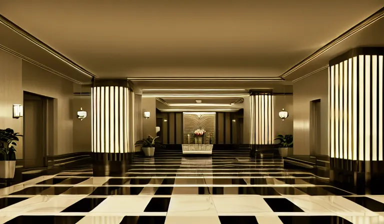 Image similar to a beautiful, sharp focus, clean lines. the interior of a vast 1 9 4 0 s art deco luxury hotel lobby. vaporwave ombre rendering. outrun style. trending on artstation. recommended for you behance. wes anderson colors. by chris moore. by edward hopper. ambient occlusion. digital matte painting. metropolis filmic. gotham city.