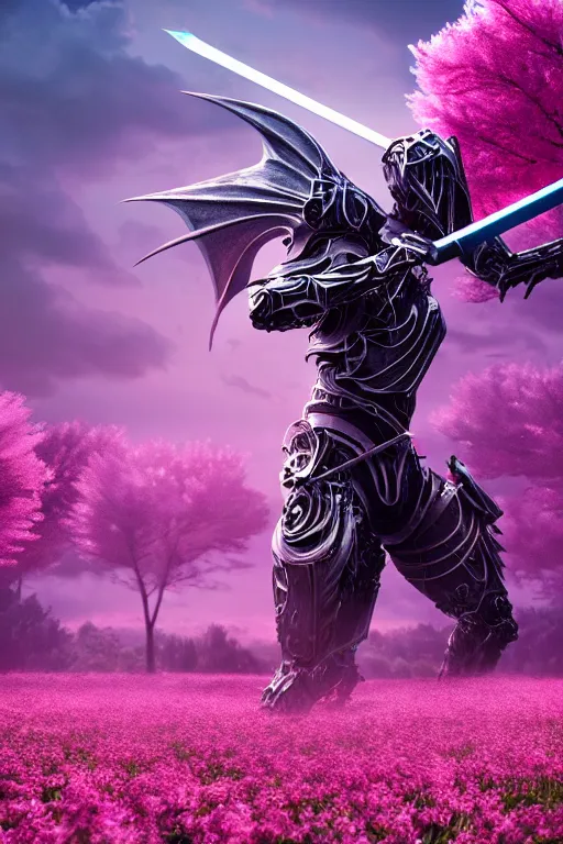 Prompt: illustration cinematic cyborg dragon yielding katana in a field of pink flowers, highly detailed concept art masterpiece, desaturated vitaly bulgarov eric zener dramatic blue light, ground angle uhd 8 k, sharp focus