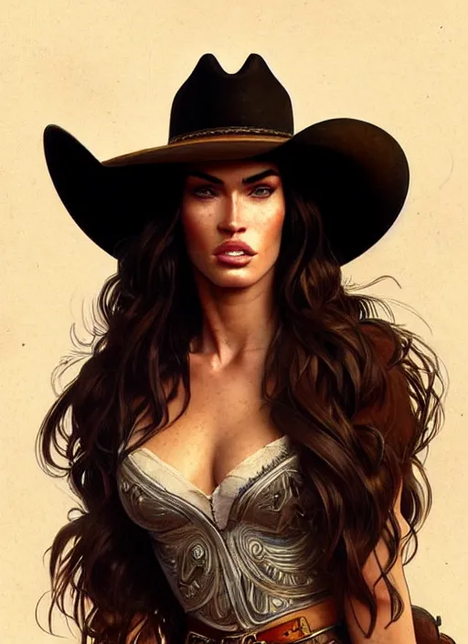 Prompt: portrait of megan fox as cowboy, 1 8 9 0, western, hat, colt, intricate, headshot, highly detailed, digital painting, artstation, concept art, sharp focus, cinematic lighting, illustration, art by artgerm and greg rutkowski, alphonse mucha, cgsociety