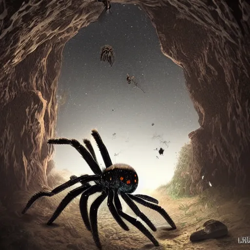 Image similar to giant tarantula attacking humans in cave. cave covered in spider webs, dark fantasy, liminal space, dark paradise, digital art, 4 k