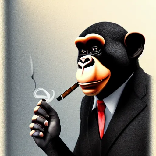 Image similar to a high detail photo of an antropomorphic chimp wearing a suit smoking a cigarrette, subject= chimp, subject detail: wearing a suit, subject action: smoking a cigar, photorealism, dramatic lighting, award winning photograph, trending on artstation