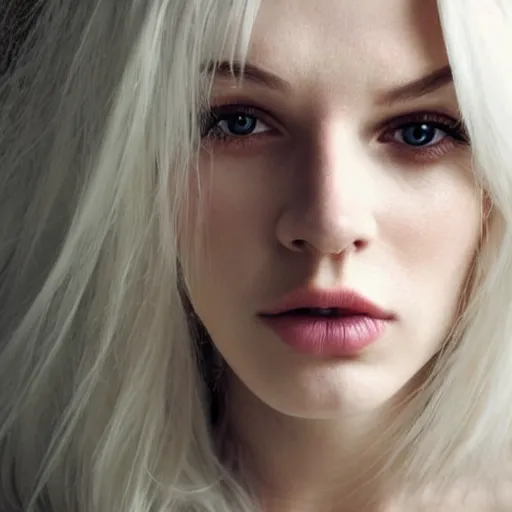 Prompt: portrait photograph of a full platinum blond woman, staring intensely, pale skin, realistic, high detail, high quality, trending on pinteresst