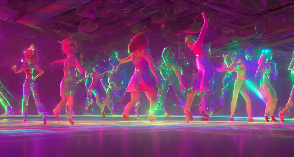 Image similar to dancing holographic girls, in the style of Pixar animation, low angle view, 16mm lens, award winning, hyper detailed, dramatic lighting, artstation, octane renderer, unreal engine