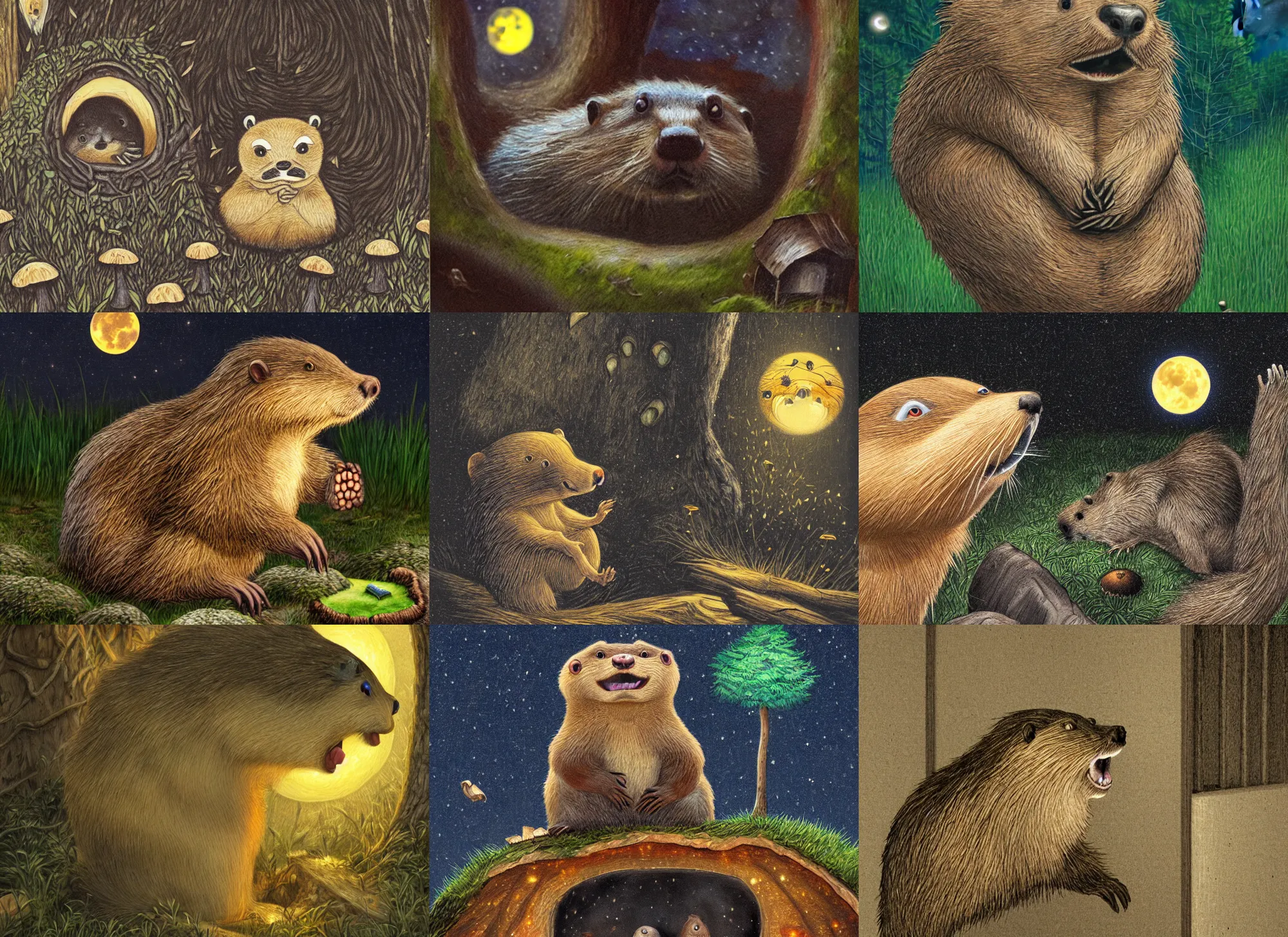 Image similar to angry anthropomorphic beaver knocking on his neighbors mushroom house door, incredibly fine detailed portrait, dynamic angle, 2 0 0 mm focal length, highly detailed, dramatic full moon lighting, many fireflies