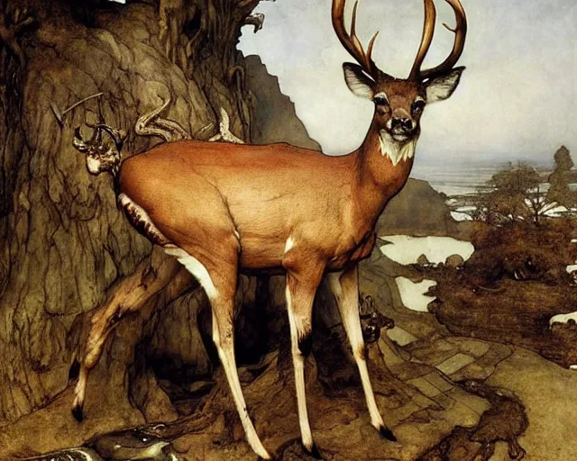 Prompt: Lama, Deer, Dog, Horse combined; fantastic sick damned mutant beast infected exposed damaged skin inflated blisters by Arthur Rackham, Eugene de Blaas, Frederic Leighton, Tom Bagshaw, Ivan Shishkin, Hans Thoma, Asher Brown Durand