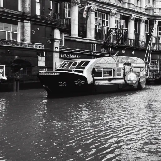 Prompt: surrealistic boat steamimg through the streets of London