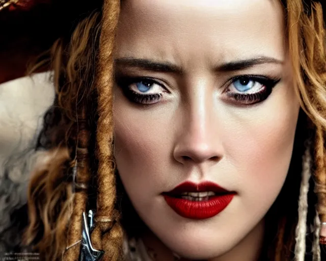 Image similar to a beautiful blend of amber heard and captain jack sparrow, hyper realistic face, beautiful eyes, cinematic, long shot, hyper detailed, 8 5 mm photograph, 8 k resolution, film still, sharp lens, wide lens