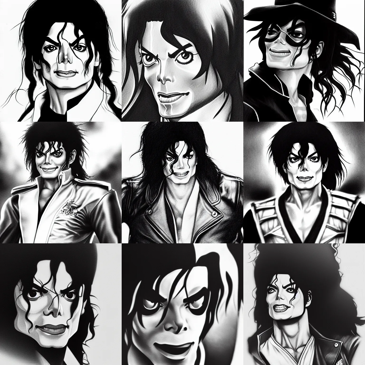 Prompt: A close up of michael jackson in street fighter 2 anime pencil grayscale concept art on artstation