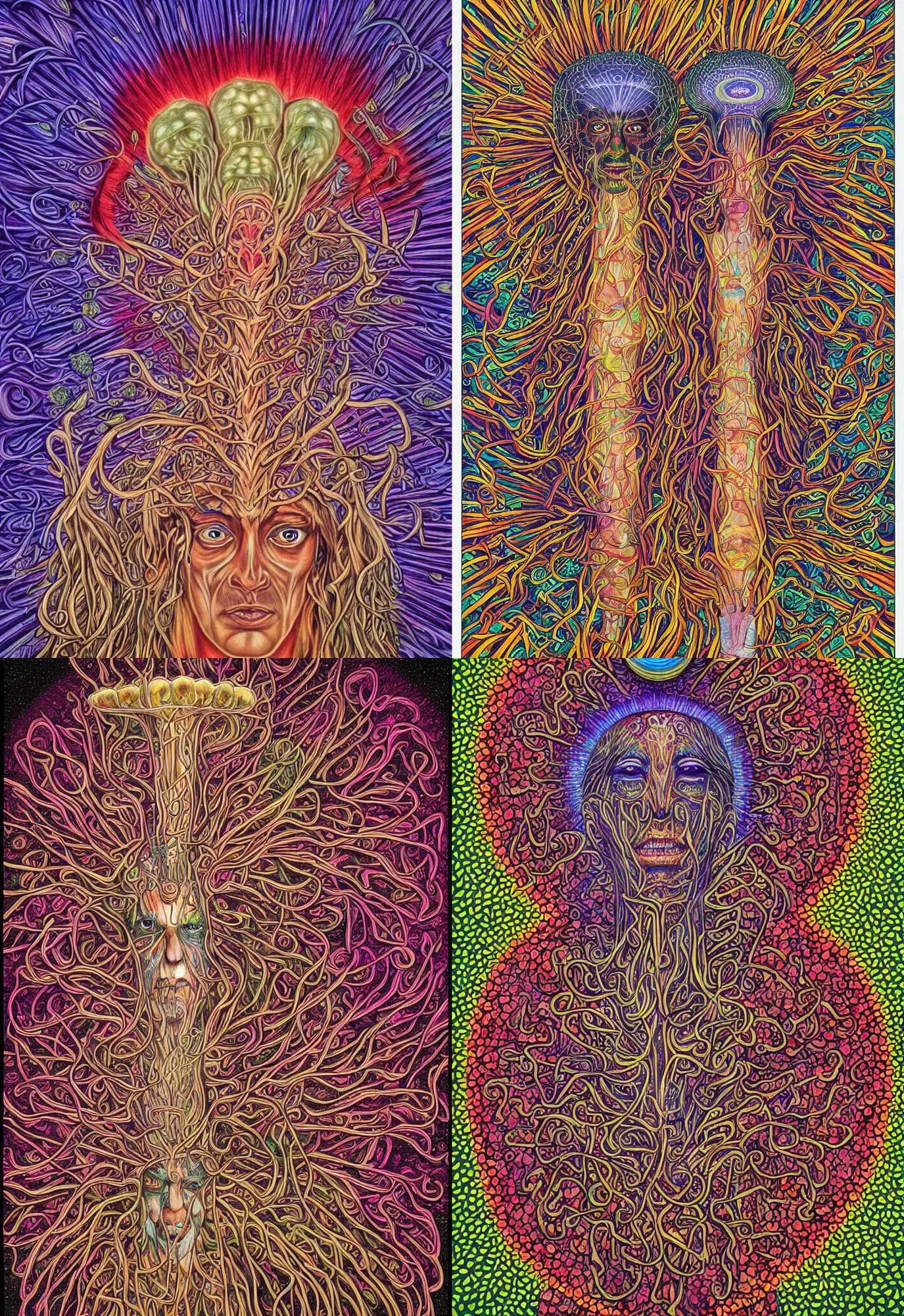 Image similar to enlightened mushroom shaman by Alex Grey