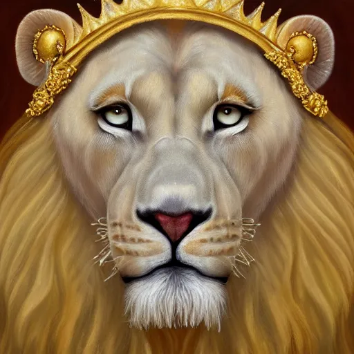 Prompt: head and shoulders zoomed out portrait of anthromorphic white lion dressed in royal king robes and golden crown, detailed magical realism oil painting 4 k