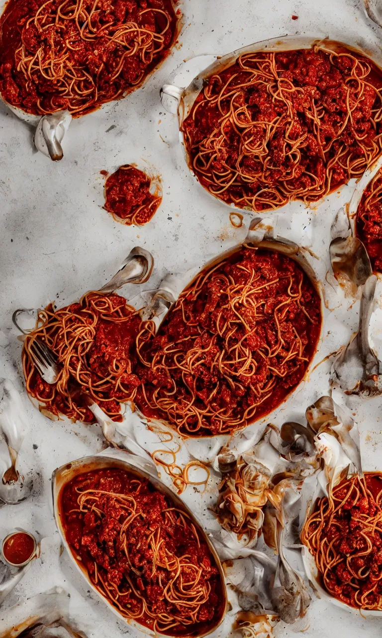 Prompt: photo of a messy surrealistic mess of beautiful woman bodies in a spaghetti bolognesa dish , high cuisine photo, three star Michelin, photo-real,