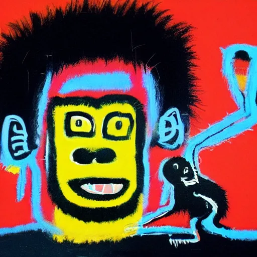 Prompt: basquiat portrait of a minimalist monkey