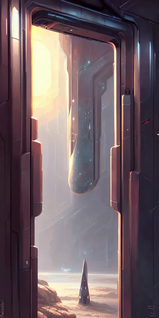 Image similar to hyper realistic art - deco sci - fi double door by jordan grimmer, darek zabrocki