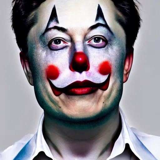 Image similar to Elon Musk with colorful clown makeup whiteface all over his face