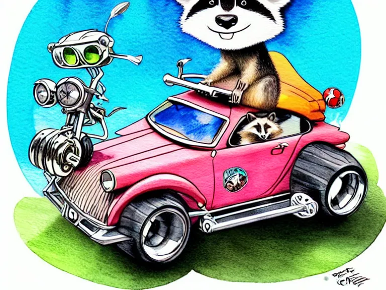 Image similar to cute and funny, racoon riding in a tiny hot rod coupe with oversized engine, ratfink style by ed roth, centered award winning watercolor pen illustration, isometric illustration by chihiro iwasaki, edited by range murata