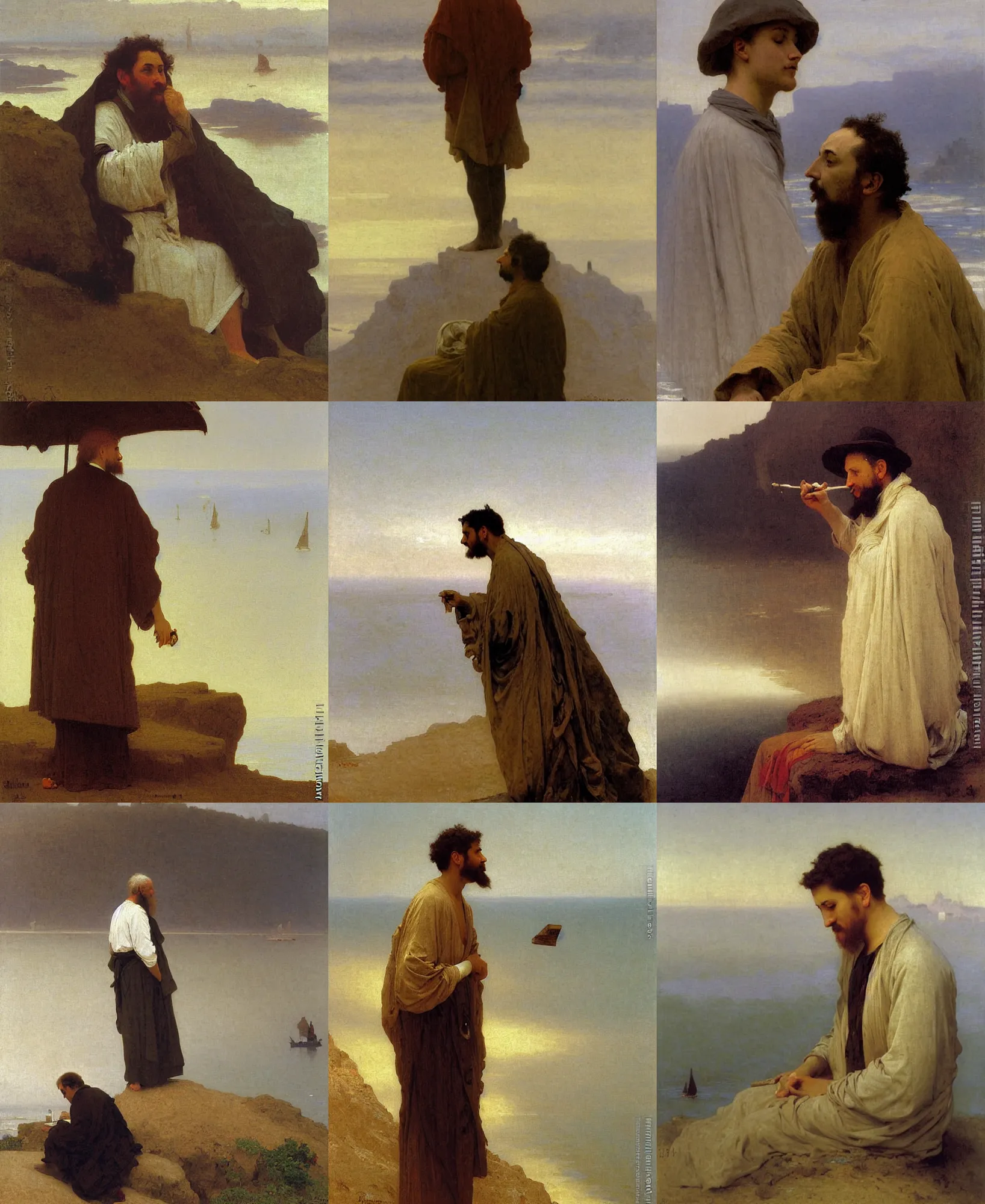 Prompt: painting portrait of wise man looking at the coast with fog by bouguereau and ilya repin