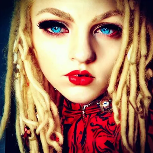 Prompt: instagram photography flawless beautiful female with blonde and red dreadlocks in a black ballgown, dark, piercing eyes, exotic stoic expression, photorealistic, highly detailed, mysterious lighting, smooth, sharp focus, 8 0 mm camera
