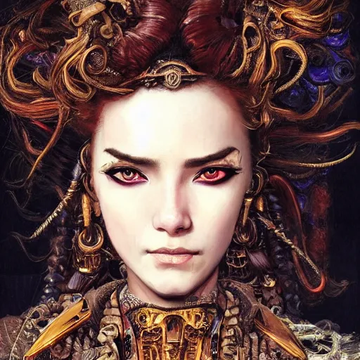 Prompt: portrait, headshot, insanely nice hair style, digital painting, of a old 17th century, old cyborg merchant, amber jewels, baroque, ornate clothing, scifi, realistic, hyperdetailed, chiaroscuro, concept art, art by Franz Hals and Jon Foster and Ayami Kojima and Amano and Karol Bak,