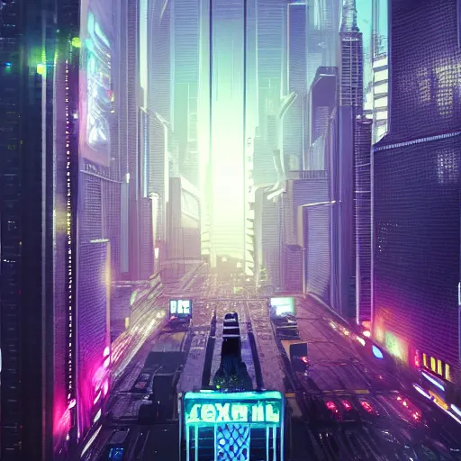 Prompt: first-person view with Building concept art a beautiful city night with a skyscraper and high buildings and neon lights, on a cyberpunk city, ultra detailed, hyper realistic, octane render, unreal engine, soft cinematic lighting,realistic lense flare,trending in artstation,by Tom Bagshaw, Artgerm,Craig Mullin