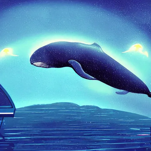 Prompt: a whale wistfully watching a spaceship fly away, sci-fi digital art illustration,