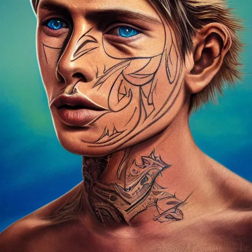 Image similar to a detailed portrait of a tan boy with a small face tattoo in the desert, fantasy art illustration, incredibly highly detailed and realistic, 8 k, sharp focus