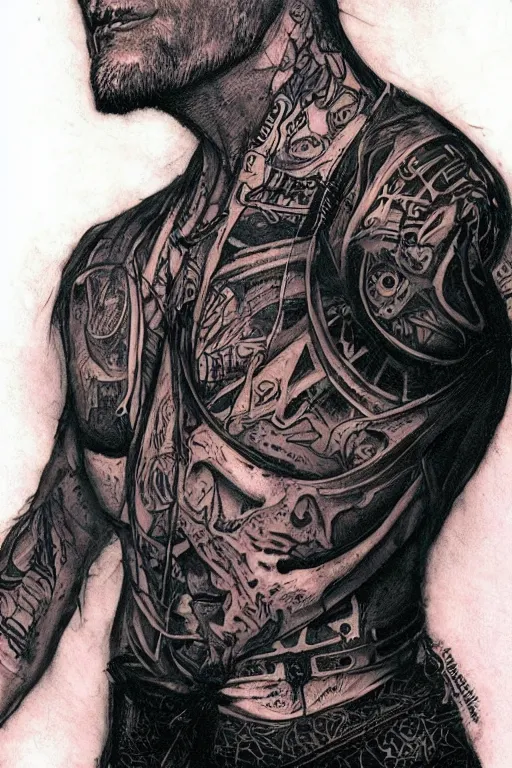 Image similar to Portrait of Bill Burr frontal standing pose torso as a very attractive man heavily Tattoed, all his skin is covered by BIKER tattoos, surrounded by magic lightings overlays, Intricate, concept art, magic lighting overlays, magical portal opened, D&D!, fantasy style, sharp focus!, ultra detailed, art by Artgerm and Peter Andrew Jones, WLUP, Magali Villeneuve