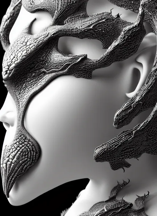 Prompt: bw contrasted close - up profile face, black background, beautiful young porcelain vegetal - dragon - cyborg - female, 1 5 0 mm, beautiful natural soft rim light, silver gold details, magnolia leaves and stems, roots, mandelbot fractal, elegant, ultra detailed, white metallic armour, octane render, h. r. giger style