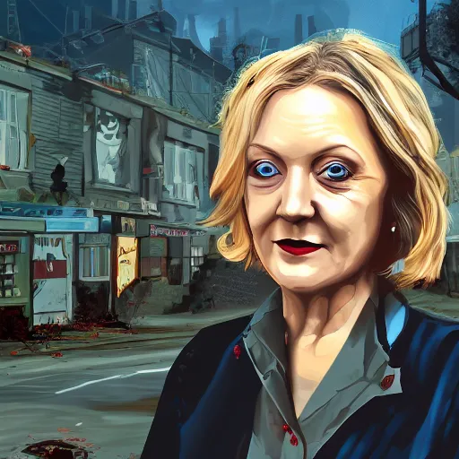 Image similar to painting of liz truss in racoon city full of zombies, hd, 4 k, 8 k artstation,