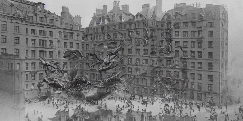 Prompt: a few people run from a luxury building as cameraman points at large flying monster, 1 9 0 0 s photograph