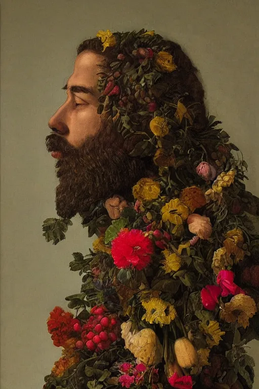 Image similar to a man's face in profile, with a long beard made of flowers and fruit, in the style of the dutch masters, dark and moody